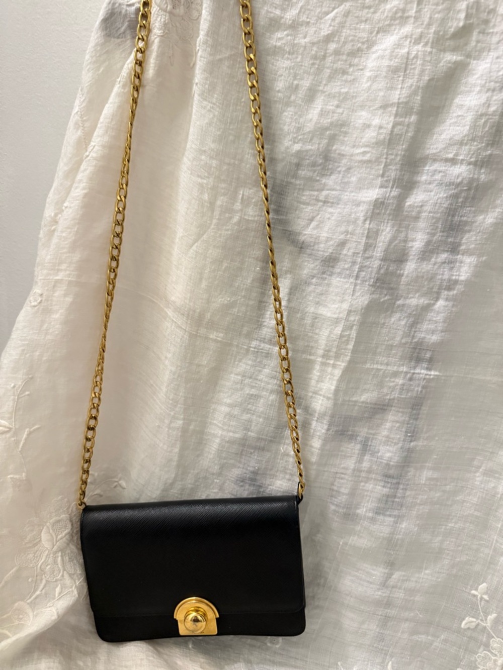 Authentic Prada Saffiano Black Leather Crossbody Bag with Gold Chain Authentic